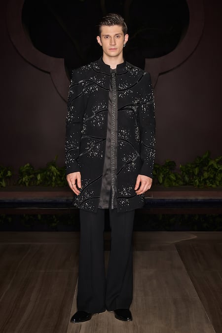 Contrast By Parth Black Lycra Embroidery Designer Sterling Sherwani Set 