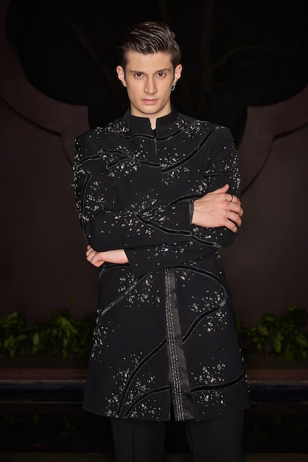 Buy Contrast By Parth Black Lycra Embroidery Designer Sterling Sherwani Set Online at Aza Fashions Buy_Contrast By Parth_Black Lycra Embroidery Designer Sterling Sherwani Set _Online_at_Aza_Fashions