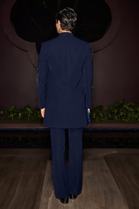 Shop_Contrast By Parth_Blue Embroidery Celestial Open Sherwani Set _at_Aza_Fashions