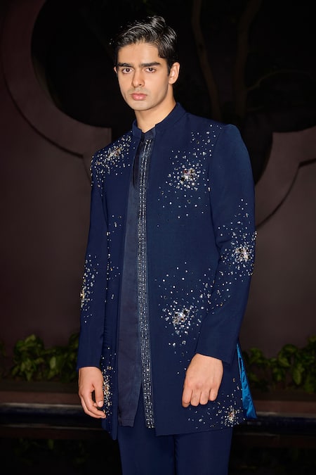Contrast By Parth_Blue Embroidery Celestial Open Sherwani Set _Online_at_Aza_Fashions