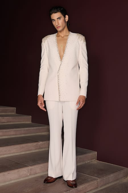 Buy_Contrast By Parth_Off White Lycra Beads Monarch Tuxedo Set _Online_at_Aza_Fashions