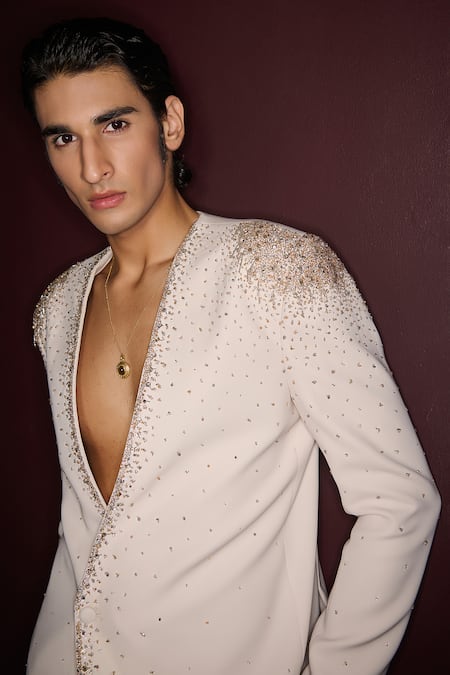 Shop_Contrast By Parth_Off White Lycra Beads Monarch Tuxedo Set _Online_at_Aza_Fashions