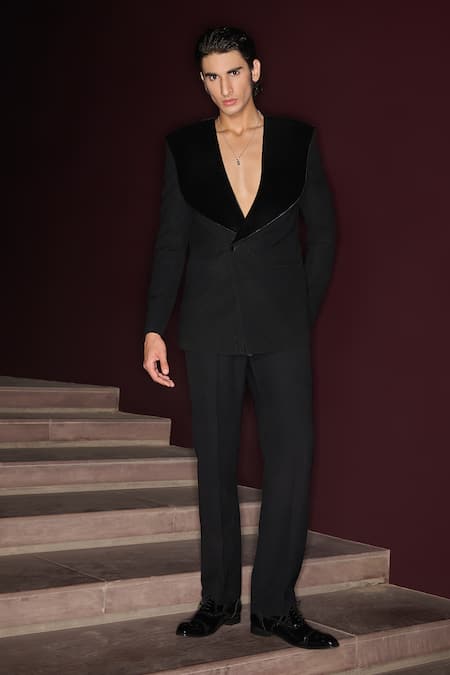 Contrast By Parth Black Textured Suiting Tuxedo Set 