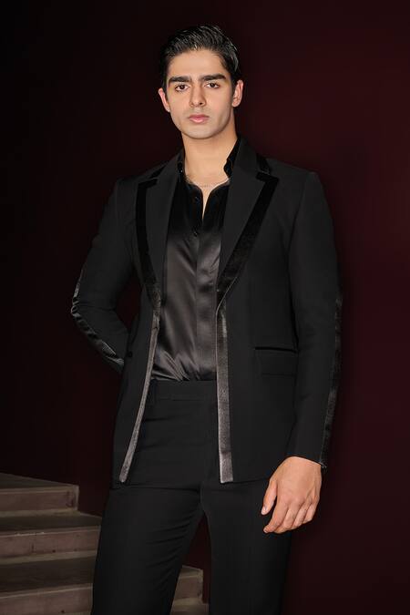Contrast By Parth_Black Lycra, Satin Blaire Tuxedo Set _Online_at_Aza_Fashions