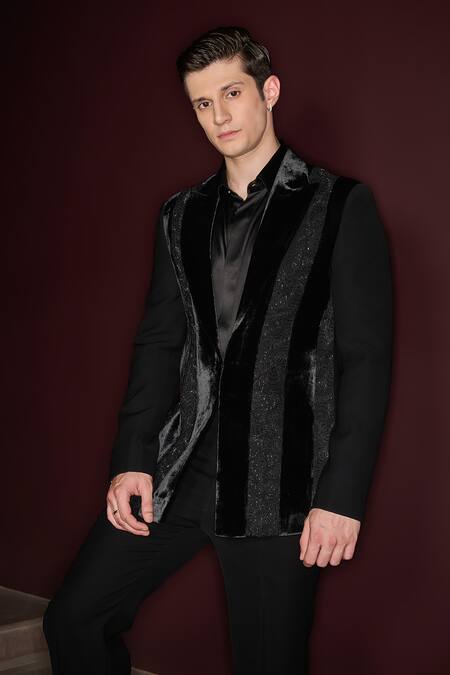 Buy Contrast By Parth Black Silk, Velvet, Lycra Embroidery Velric Designer Tuxedo Set Online at Aza Fashions Buy_Contrast By Parth_Black Silk, Velvet, Lycra Embroidery Velric Designer Tuxedo Set _Online_at_Aza_Fashions