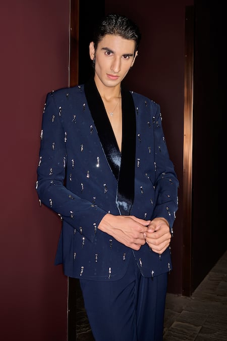 Contrast By Parth_Blue Lycra Embroidery Hand Bluemere Tuxedo Set _Online_at_Aza_Fashions