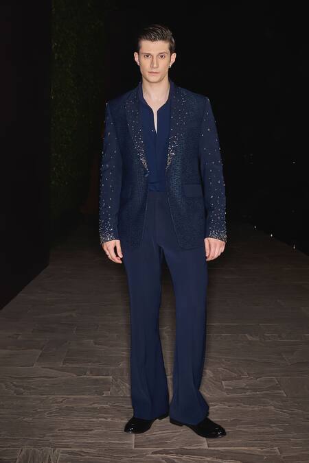 Buy_Contrast By Parth_Blue Hand Embroidered Celest Tuxedo Set _Online_at_Aza_Fashions