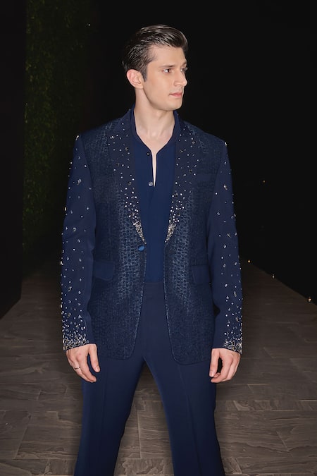 Shop_Contrast By Parth_Blue Hand Embroidered Celest Tuxedo Set _Online_at_Aza_Fashions