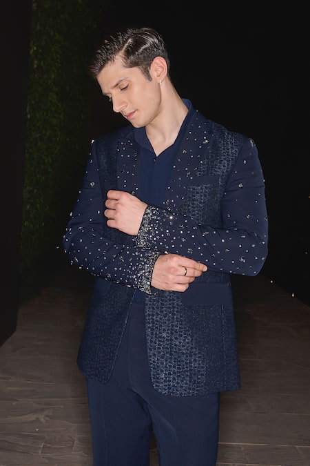 Buy_Contrast By Parth_Blue Hand Embroidered Celest Tuxedo Set 