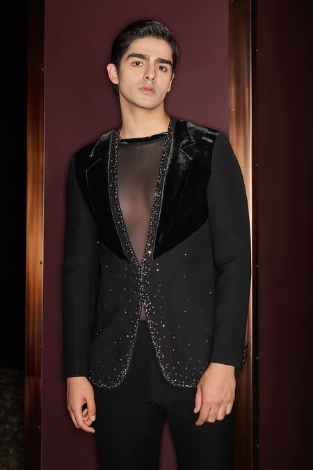 Buy Contrast By Parth Black Silk, Velvet, Lycra Velmor Hand Embroidered Tuxedo Set Online at Aza Fashions Buy_Contrast By Parth_Black Silk, Velvet, Lycra Velmor Hand Embroidered Tuxedo Set _Online_at_Aza_Fashions