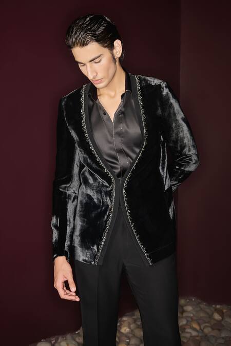 Buy_Contrast By Parth_Black Silk, Velvet, Satin, Lycra Embroidery Hand Dusk Tuxedo Set _Online_at_Aza_Fashions