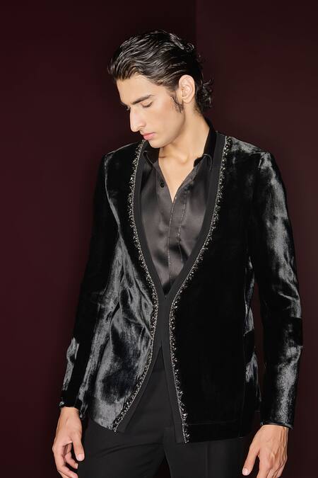 Shop_Contrast By Parth_Black Silk, Velvet, Satin, Lycra Embroidery Hand Dusk Tuxedo Set _Online_at_Aza_Fashions