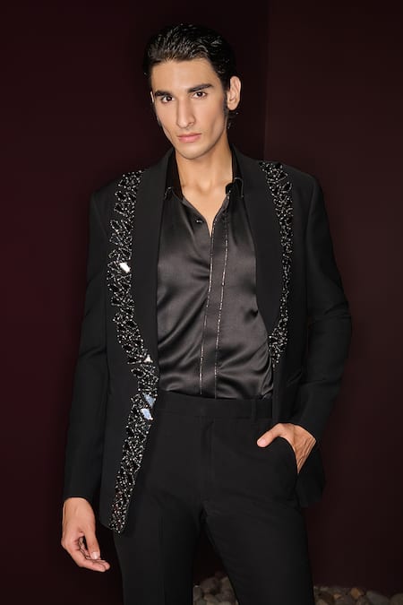 Contrast By Parth Black Lycra Sequins, Embroidery Sable Hand Tuxedo Set Online at Aza Fashions Contrast By Parth_Black Lycra Sequins, Embroidery Sable Hand Tuxedo Set _Online_at_Aza_Fashions