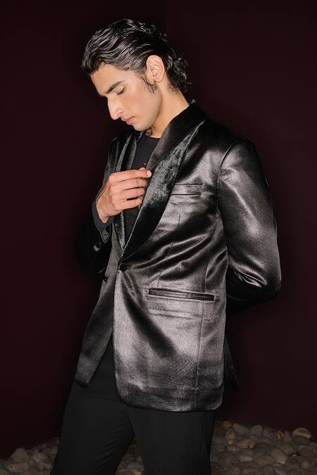 Shop_Contrast By Parth_Black Cotton Designer Elan Tuxedo Set _Online_at_Aza_Fashions