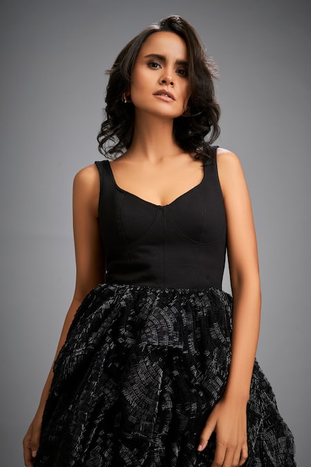 Shop_Deepika Arora_Black Roma Embroidery Scoop Neck Textured Shimmer Bubble Dress 