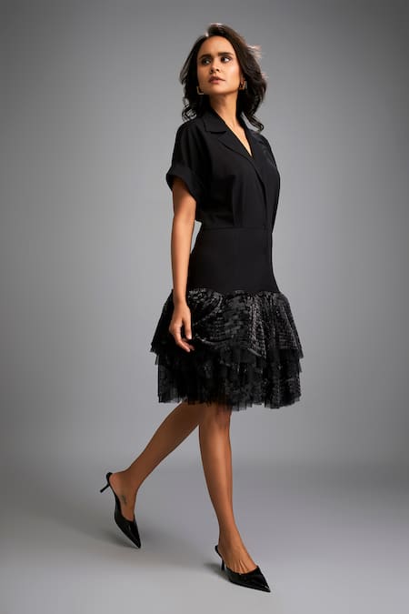 Deepika Arora_Black Roma Embroidery Collared Shimmer Jacket Dress _Online_at_Aza_Fashions