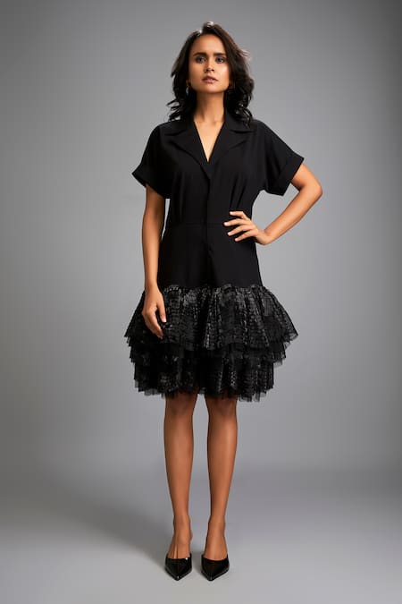 Buy_Deepika Arora_Black Roma Embroidery Collared Shimmer Jacket Dress _Online_at_Aza_Fashions