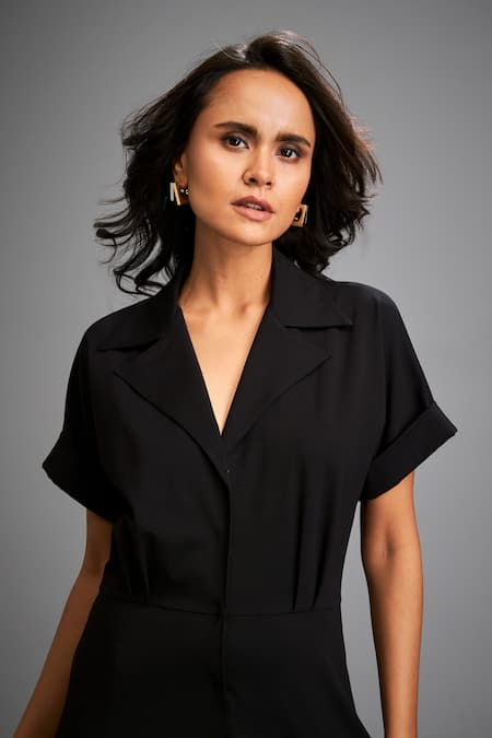 Shop_Deepika Arora_Black Roma Embroidery Collared Shimmer Jacket Dress _Online_at_Aza_Fashions