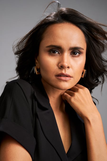 Deepika Arora_Black Roma Embroidery Collared Shimmer Jacket Dress _at_Aza_Fashions