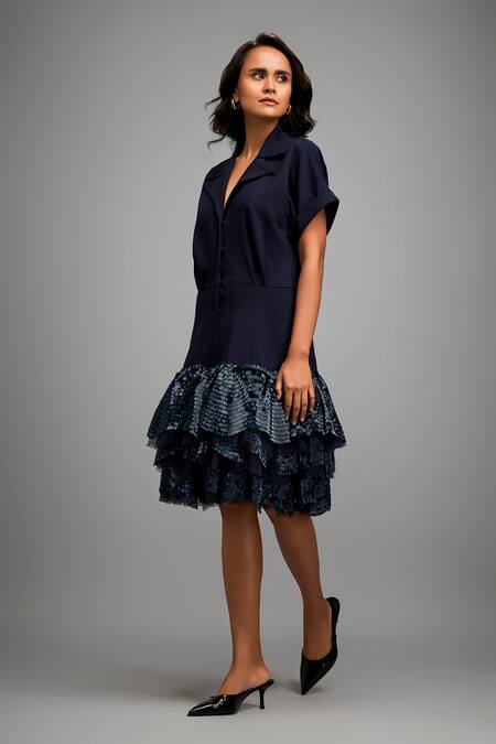 Buy Deepika Arora Navy Roma Collared Blue Shimmer Hem Jacket Dress Online at Aza Fashions Buy_Deepika Arora_Navy Roma Collared Blue Shimmer Hem Jacket Dress _Online_at_Aza_Fashions