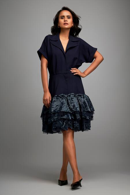 Shop Deepika Arora Navy Roma Collared Blue Shimmer Hem Jacket Dress Online at Aza Fashions Shop_Deepika Arora_Navy Roma Collared Blue Shimmer Hem Jacket Dress _Online_at_Aza_Fashions