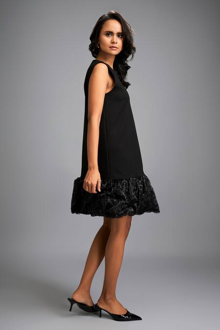 Buy_Deepika Arora_Black Roma Round Neck Sleeveless Ruffled Hem Mini Dress _Online_at_Aza_Fashions