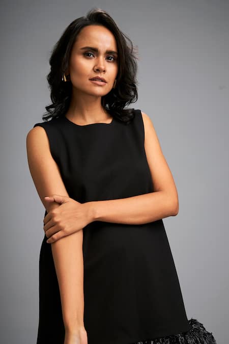 Deepika Arora_Black Roma Round Neck Sleeveless Ruffled Hem Mini Dress _at_Aza_Fashions