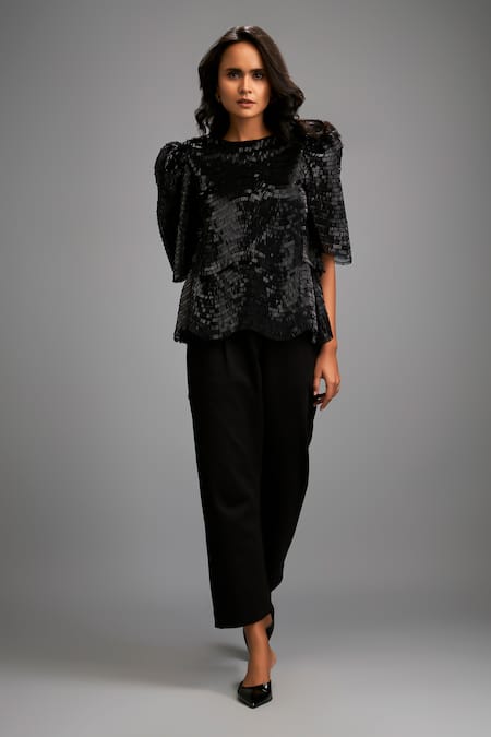 Deepika Arora Black Shimmer Top & Tailored Pant Set 