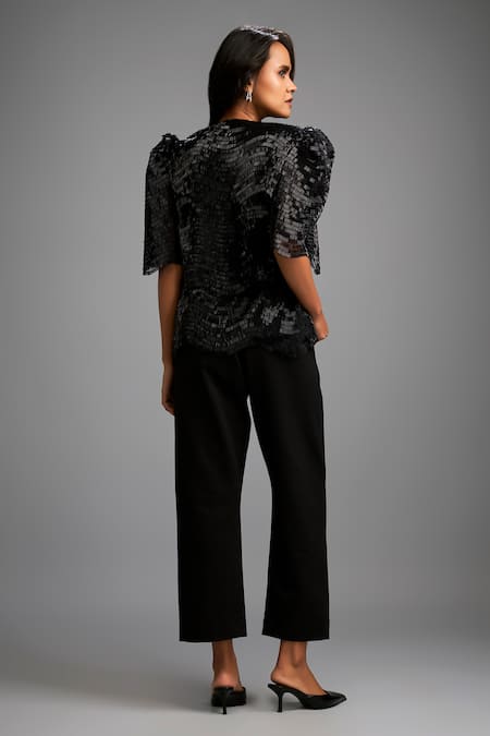 Deepika Arora Black Shimmer Top & Tailored Pant Set 