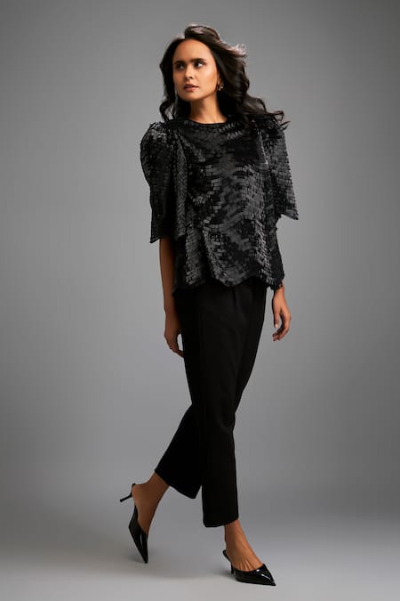 Shop_Deepika Arora_Black Roma Round Neck Shimmer Top And Tailored Pant Set _Online_at_Aza_Fashions