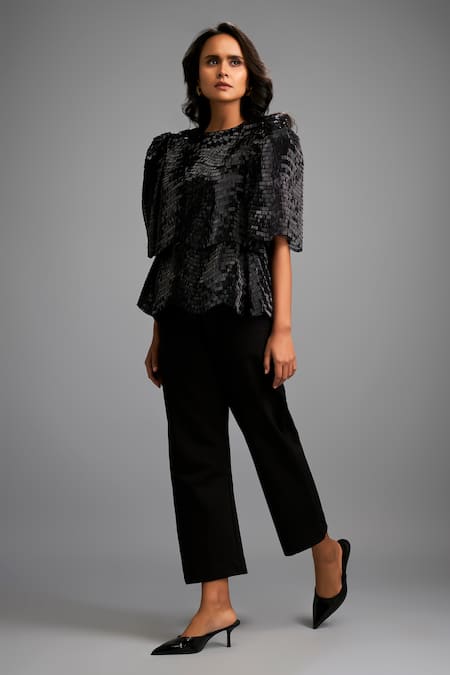Buy_Deepika Arora_Black Roma Round Neck Sequin Designer Top _Online_at_Aza_Fashions