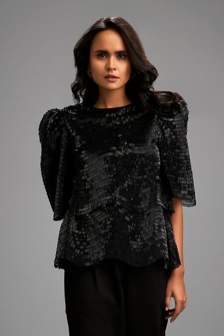 Deepika Arora_Black Roma Round Neck Sequin Designer Top _at_Aza_Fashions