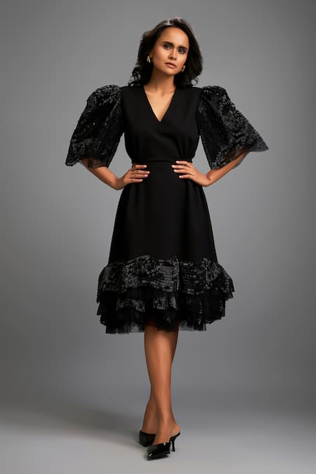 Deepika Arora Black Shimmer Sleeve Midi Dress 