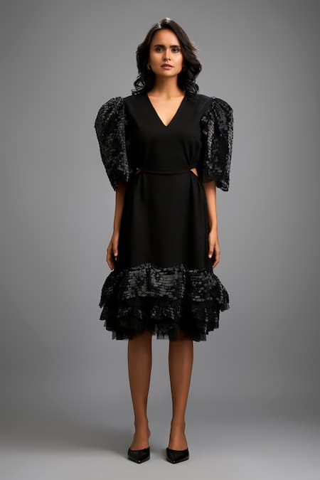 Buy_Deepika Arora_Black Roma Ruffles V-neck Shimmer Sleeve Midi Dress _Online_at_Aza_Fashions