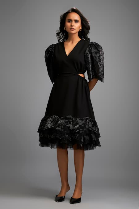 Shop_Deepika Arora_Black Roma Ruffles V-neck Shimmer Sleeve Midi Dress _Online_at_Aza_Fashions