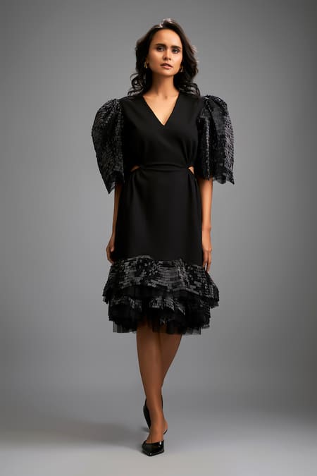 Deepika Arora_Black Roma Ruffles V-neck Shimmer Sleeve Midi Dress _at_Aza_Fashions