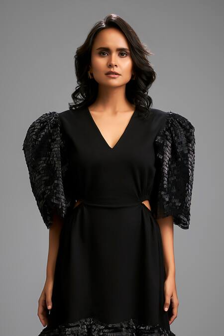 Buy_Deepika Arora_Black Roma Ruffles V-neck Shimmer Sleeve Midi Dress 