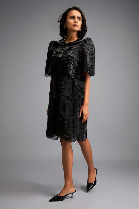 Deepika Arora_Black Roma Round Neck Designer Dress With Puff Sleeves _Online_at_Aza_Fashions