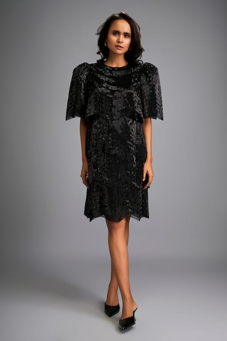 Buy_Deepika Arora_Black Roma Round Neck Designer Dress With Puff Sleeves _Online_at_Aza_Fashions