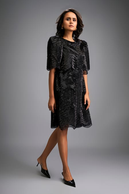 Shop_Deepika Arora_Black Roma Round Neck Designer Dress With Puff Sleeves _Online_at_Aza_Fashions