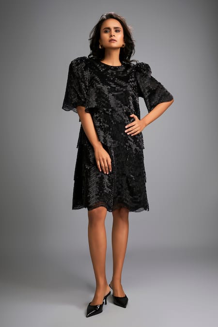 Deepika Arora Black Roma Round Neck Designer Dress With Puff Sleeves 