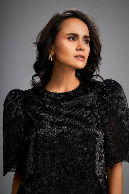Deepika Arora_Black Roma Round Neck Designer Dress With Puff Sleeves _at_Aza_Fashions