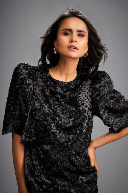 Shop_Deepika Arora_Black Roma Round Neck Designer Dress With Puff Sleeves 