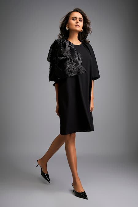 Deepika Arora Black Roma Round Neck A-line Dress With Shimmer Details Online at Aza Fashions Deepika Arora_Black Roma Round Neck A-line Dress With Shimmer Details _Online_at_Aza_Fashions