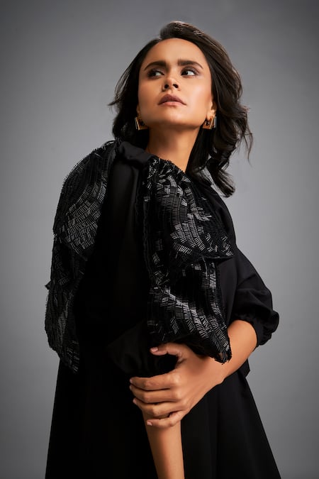 Shop Deepika Arora Black Roma Round Neck A-line Dress With Shimmer Details Online at Aza Fashions Shop_Deepika Arora_Black Roma Round Neck A-line Dress With Shimmer Details _Online_at_Aza_Fashions