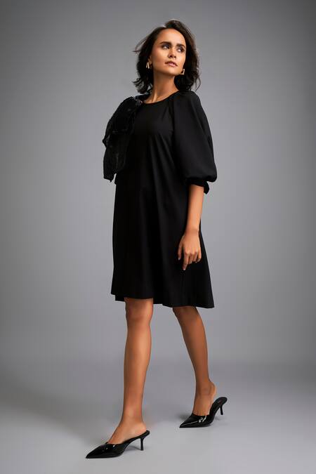 Buy Deepika Arora Black Roma Round Neck A-line Dress With Shimmer Details Buy_Deepika Arora_Black Roma Round Neck A-line Dress With Shimmer Details
