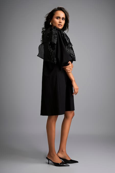 Shop Deepika Arora Black Roma Round Neck A-line Dress With Shimmer Details at Aza Fashions Shop_Deepika Arora_Black Roma Round Neck A-line Dress With Shimmer Details _at_Aza_Fashions