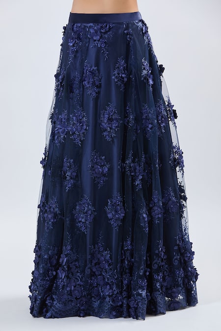 Samyukta Singhania_Blue Net Embroidery, Sequins Scoop Neck Lehenga Set _Online_at_Aza_Fashions