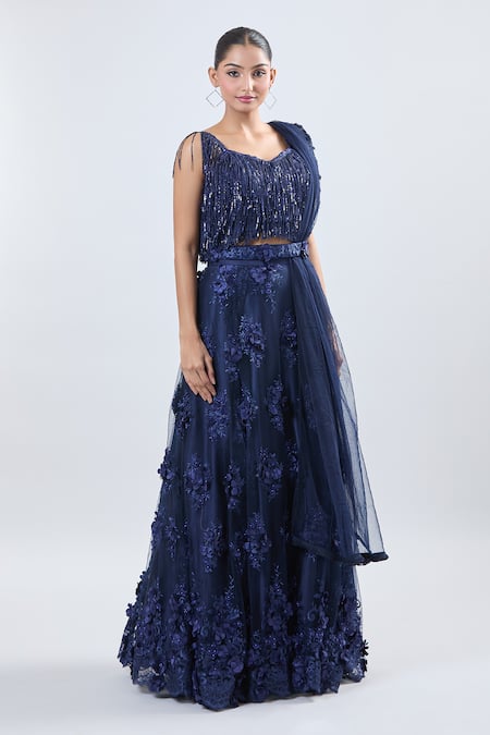 Buy_Samyukta Singhania_Blue Net Embroidery, Sequins Scoop Neck Lehenga Set _Online_at_Aza_Fashions