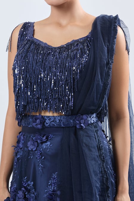 Samyukta Singhania_Blue Net Embroidery, Sequins Scoop Neck Lehenga Set _at_Aza_Fashions